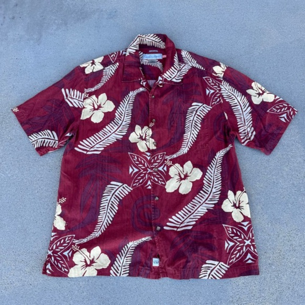 Quiksilver Edition Mens Silk Blend‎ Tropical Hibiscus Aloha Shirt Red Large